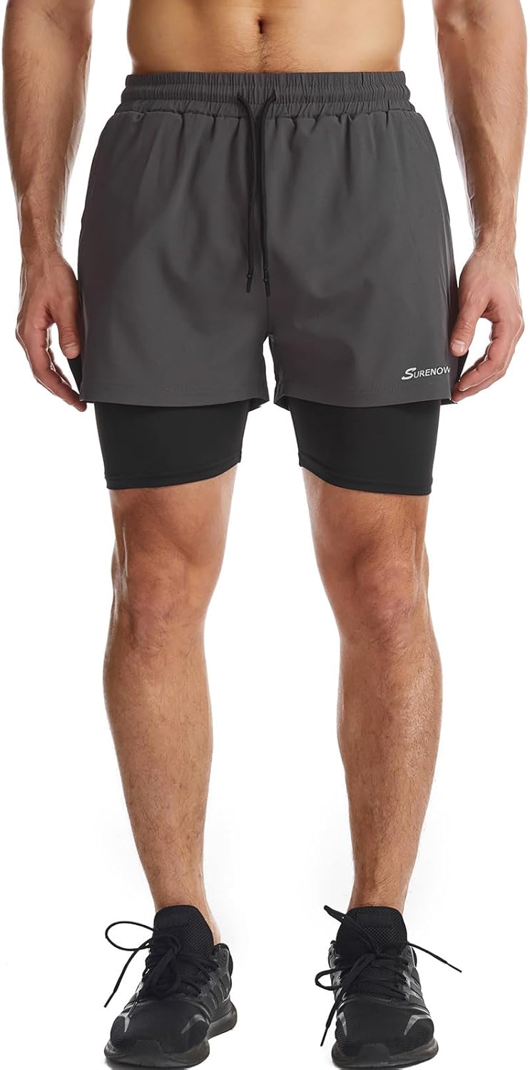 Mens 2 in 1 Running Shorts Quick Dry Athletic Shorts with Liner, Workout Shorts with Zip Pockets and Towel Loop