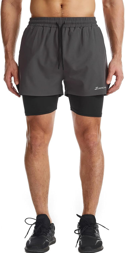 Mens 2 in 1 Running Shorts Quick Dry Athletic Shorts with Liner, Workout Shorts with Zip Pockets and Towel Loop