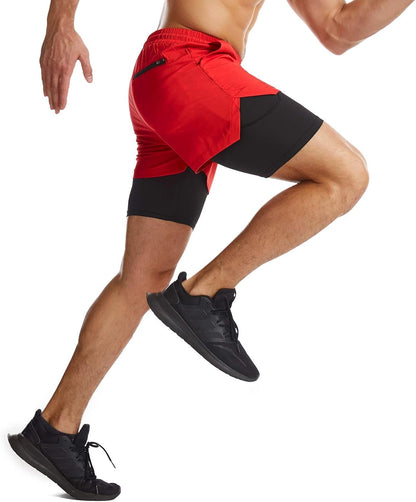 Mens 2 in 1 Running Shorts Quick Dry Athletic Shorts with Liner, Workout Shorts with Zip Pockets and Towel Loop