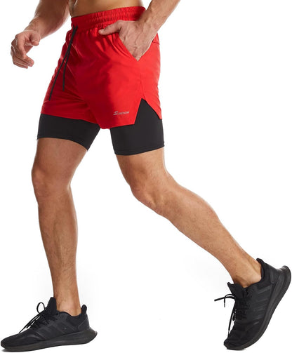 Mens 2 in 1 Running Shorts Quick Dry Athletic Shorts with Liner, Workout Shorts with Zip Pockets and Towel Loop