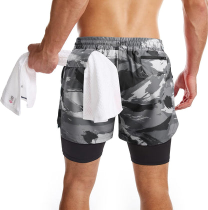 Mens 2 in 1 Running Shorts Quick Dry Athletic Shorts with Liner, Workout Shorts with Zip Pockets and Towel Loop