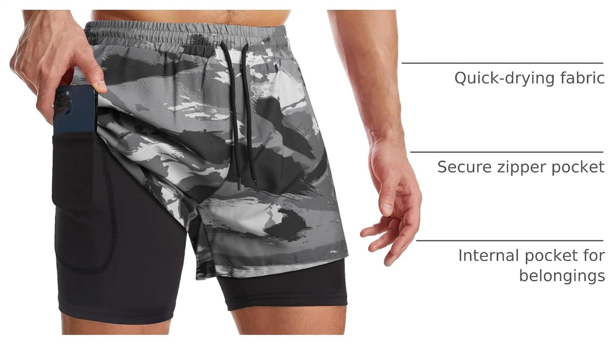 Mens 2 in 1 Running Shorts Quick Dry Athletic Shorts with Liner, Workout Shorts with Zip Pockets and Towel Loop