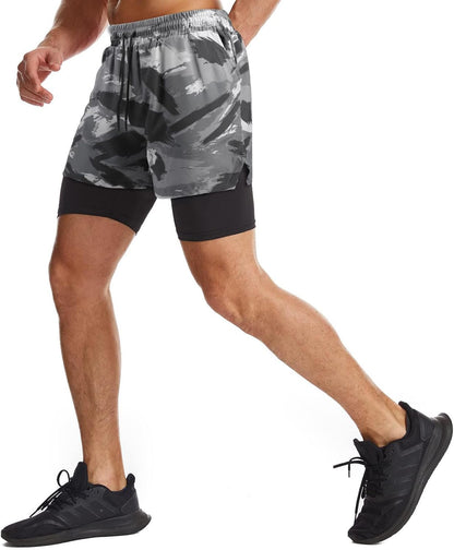 Mens 2 in 1 Running Shorts Quick Dry Athletic Shorts with Liner, Workout Shorts with Zip Pockets and Towel Loop