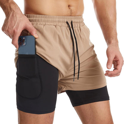 Mens 2 in 1 Running Shorts Quick Dry Athletic Shorts with Liner, Workout Shorts with Zip Pockets and Towel Loop