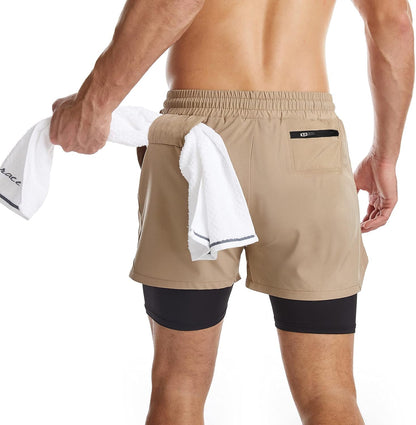 Mens 2 in 1 Running Shorts Quick Dry Athletic Shorts with Liner, Workout Shorts with Zip Pockets and Towel Loop