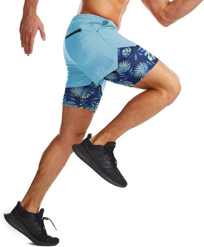 Mens 2 in 1 Running Shorts Quick Dry Athletic Shorts with Liner, Workout Shorts with Zip Pockets and Towel Loop