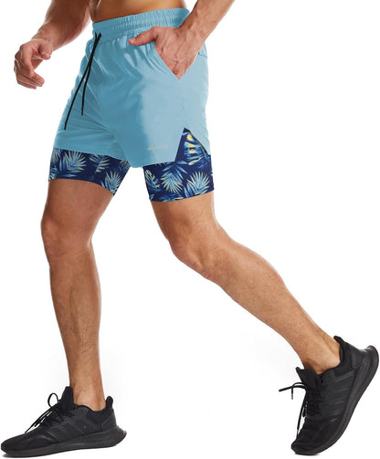 Mens 2 in 1 Running Shorts Quick Dry Athletic Shorts with Liner, Workout Shorts with Zip Pockets and Towel Loop