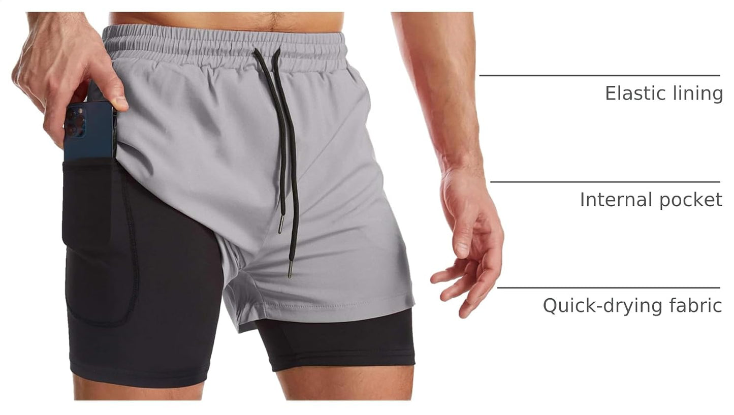 Mens 2 in 1 Running Shorts Quick Dry Athletic Shorts with Liner, Workout Shorts with Zip Pockets and Towel Loop