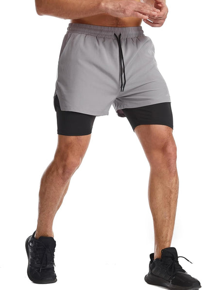 Mens 2 in 1 Running Shorts Quick Dry Athletic Shorts with Liner, Workout Shorts with Zip Pockets and Towel Loop