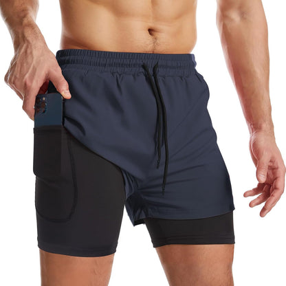 Mens 2 in 1 Running Shorts Quick Dry Athletic Shorts with Liner, Workout Shorts with Zip Pockets and Towel Loop