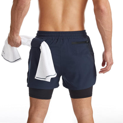 Mens 2 in 1 Running Shorts Quick Dry Athletic Shorts with Liner, Workout Shorts with Zip Pockets and Towel Loop