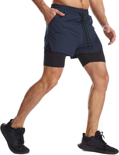 Mens 2 in 1 Running Shorts Quick Dry Athletic Shorts with Liner, Workout Shorts with Zip Pockets and Towel Loop