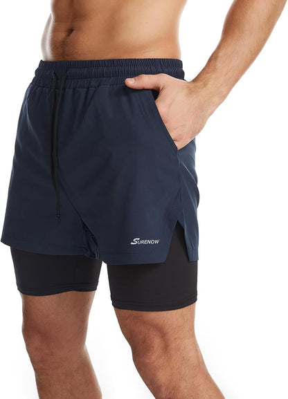 Mens 2 in 1 Running Shorts Quick Dry Athletic Shorts with Liner, Workout Shorts with Zip Pockets and Towel Loop