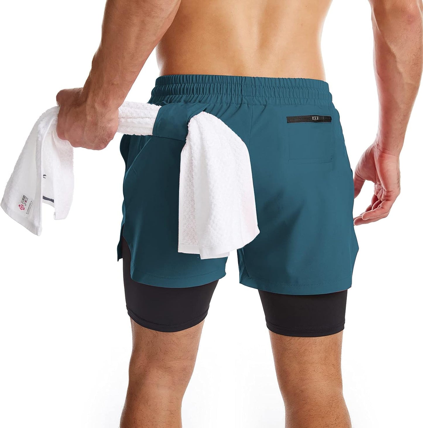 Mens 2 in 1 Running Shorts Quick Dry Athletic Shorts with Liner, Workout Shorts with Zip Pockets and Towel Loop