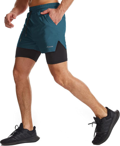 Mens 2 in 1 Running Shorts Quick Dry Athletic Shorts with Liner, Workout Shorts with Zip Pockets and Towel Loop