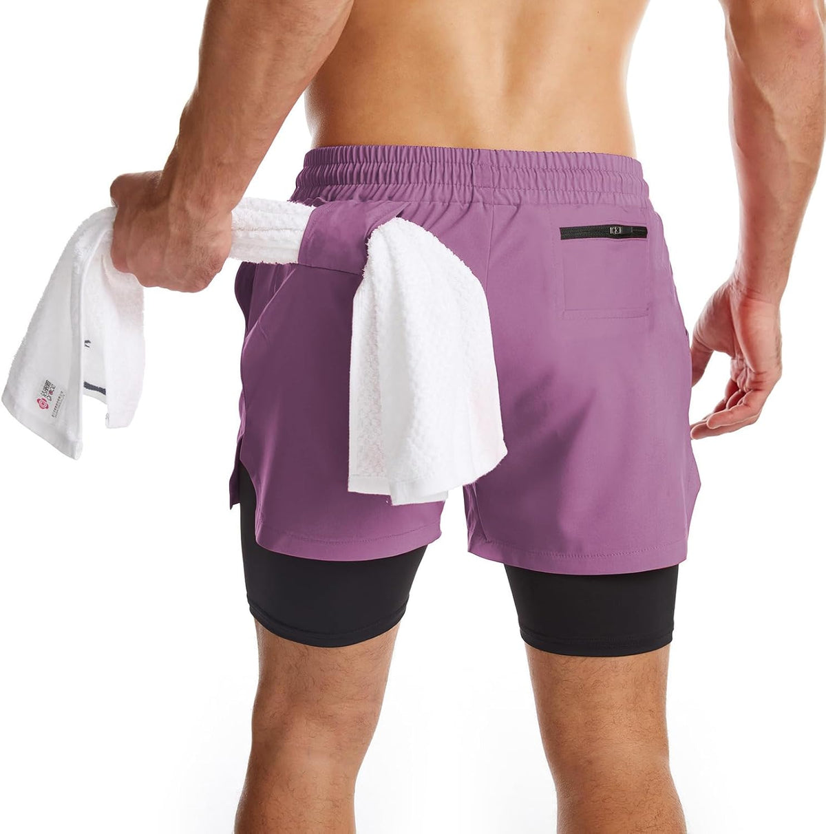 Mens 2 in 1 Running Shorts Quick Dry Athletic Shorts with Liner, Workout Shorts with Zip Pockets and Towel Loop