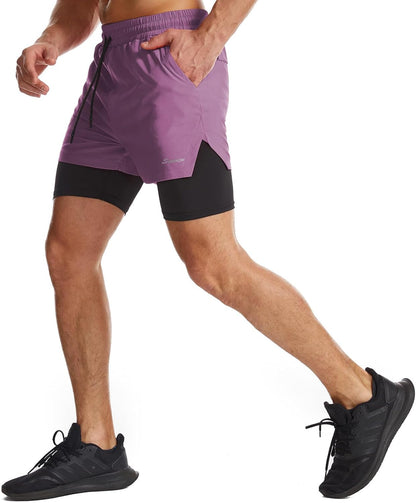 Mens 2 in 1 Running Shorts Quick Dry Athletic Shorts with Liner, Workout Shorts with Zip Pockets and Towel Loop