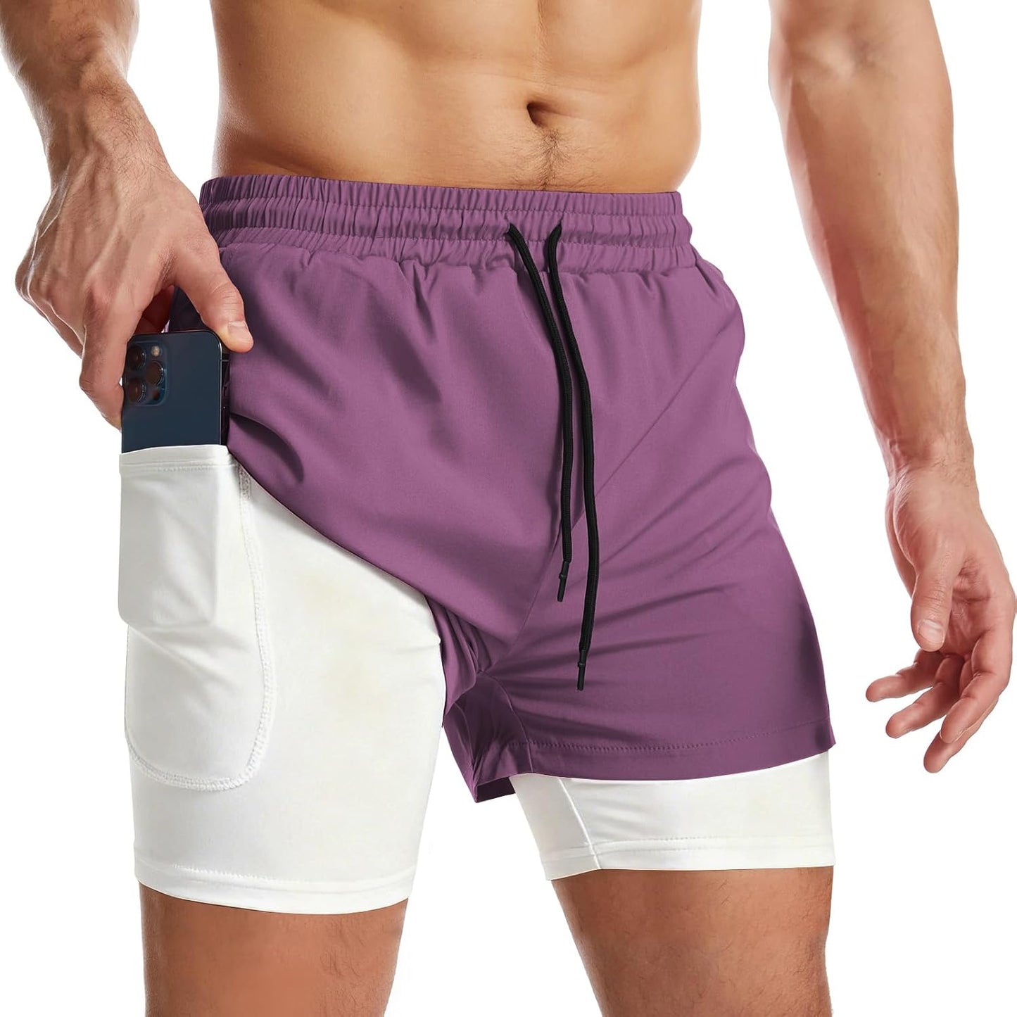 Mens 2 in 1 Running Shorts Quick Dry Athletic Shorts with Liner, Workout Shorts with Zip Pockets and Towel Loop