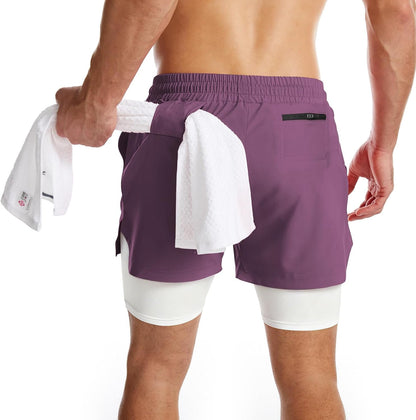Mens 2 in 1 Running Shorts Quick Dry Athletic Shorts with Liner, Workout Shorts with Zip Pockets and Towel Loop