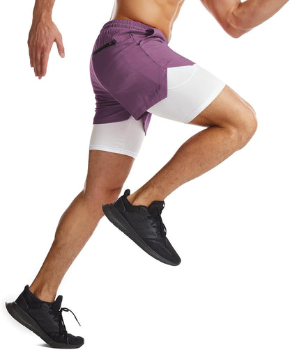 Mens 2 in 1 Running Shorts Quick Dry Athletic Shorts with Liner, Workout Shorts with Zip Pockets and Towel Loop