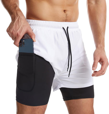 Mens 2 in 1 Running Shorts Quick Dry Athletic Shorts with Liner, Workout Shorts with Zip Pockets and Towel Loop