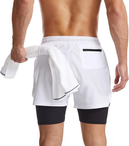 Mens 2 in 1 Running Shorts Quick Dry Athletic Shorts with Liner, Workout Shorts with Zip Pockets and Towel Loop
