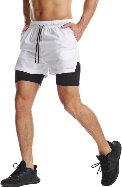 Mens 2 in 1 Running Shorts Quick Dry Athletic Shorts with Liner, Workout Shorts with Zip Pockets and Towel Loop