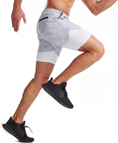 Mens 2 in 1 Running Shorts Quick Dry Athletic Shorts with Liner, Workout Shorts with Zip Pockets and Towel Loop