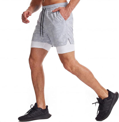 Mens 2 in 1 Running Shorts Quick Dry Athletic Shorts with Liner, Workout Shorts with Zip Pockets and Towel Loop