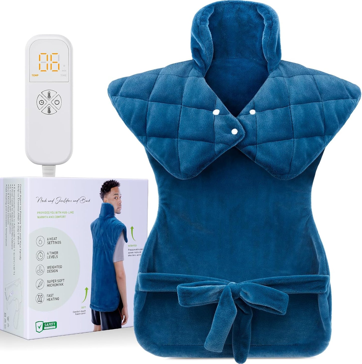 Weighted Heating Pad for Back Neck and Shoulders – Electric Shoulder Heating Wrap with 6 Heat Settings, 4 Auto-Off Timers, Fast Heating, Ultra-Soft Plush, Machine Washable – Gifts for Women and Men