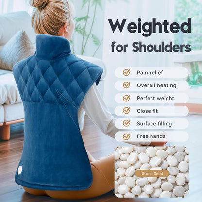 Weighted Heating Pad for Back Neck and Shoulders – Electric Shoulder Heating Wrap with 6 Heat Settings, 4 Auto-Off Timers, Fast Heating, Ultra-Soft Plush, Machine Washable – Gifts for Women and Men