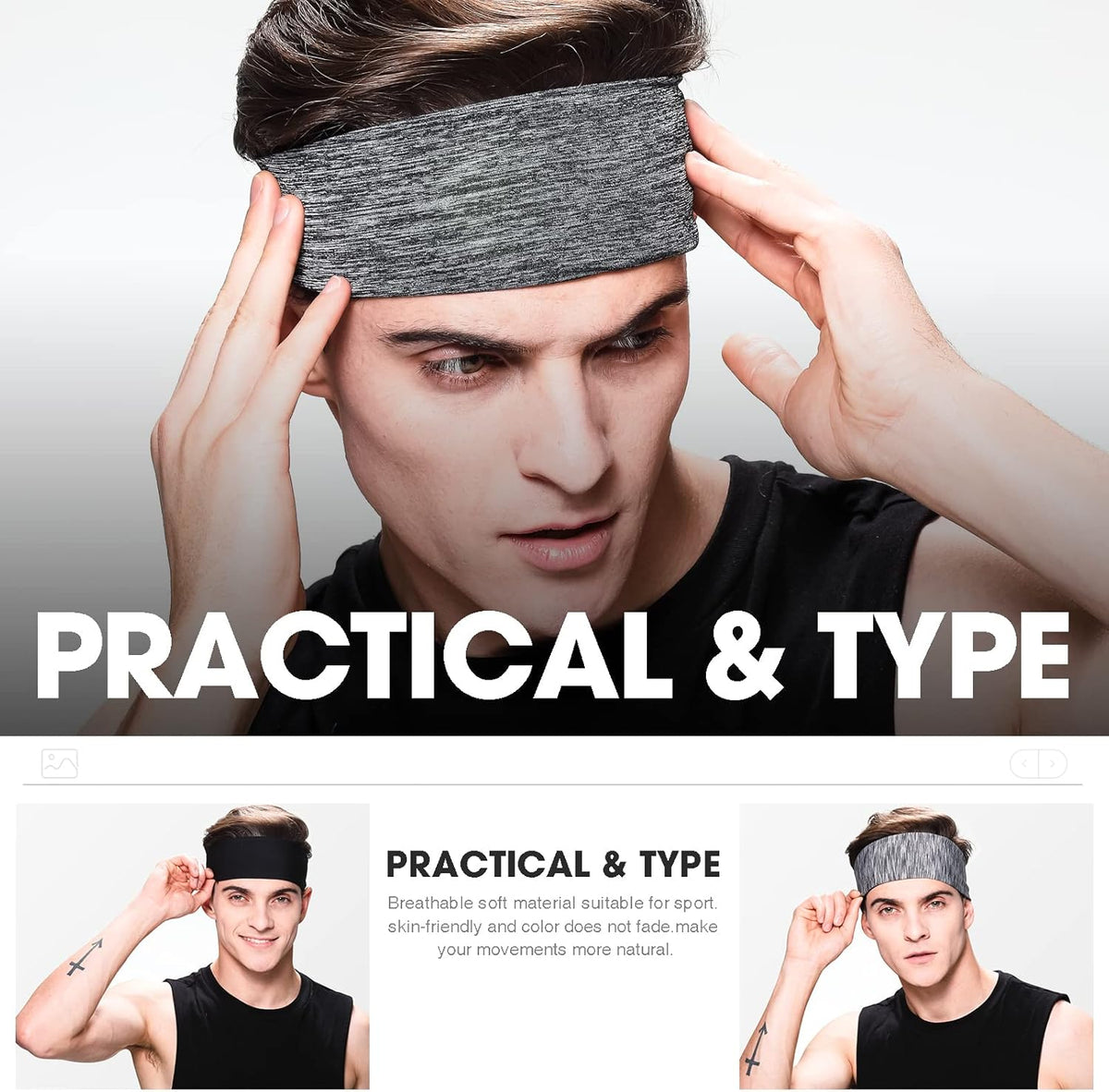 Men's Headbands, 3-Pack Head Band for Men, Sport Sweatbands for Running Fitness Yoga Cycling, Sweat Wicking Non Slip