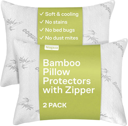 Cloud-Like Pillow Protectors with Zipper Standard Size - Breathable Cooling Pillow Covers for Hot Sleeprers - 100% Resistant to Stains, Dust & Dirt (White 2-Pack)
