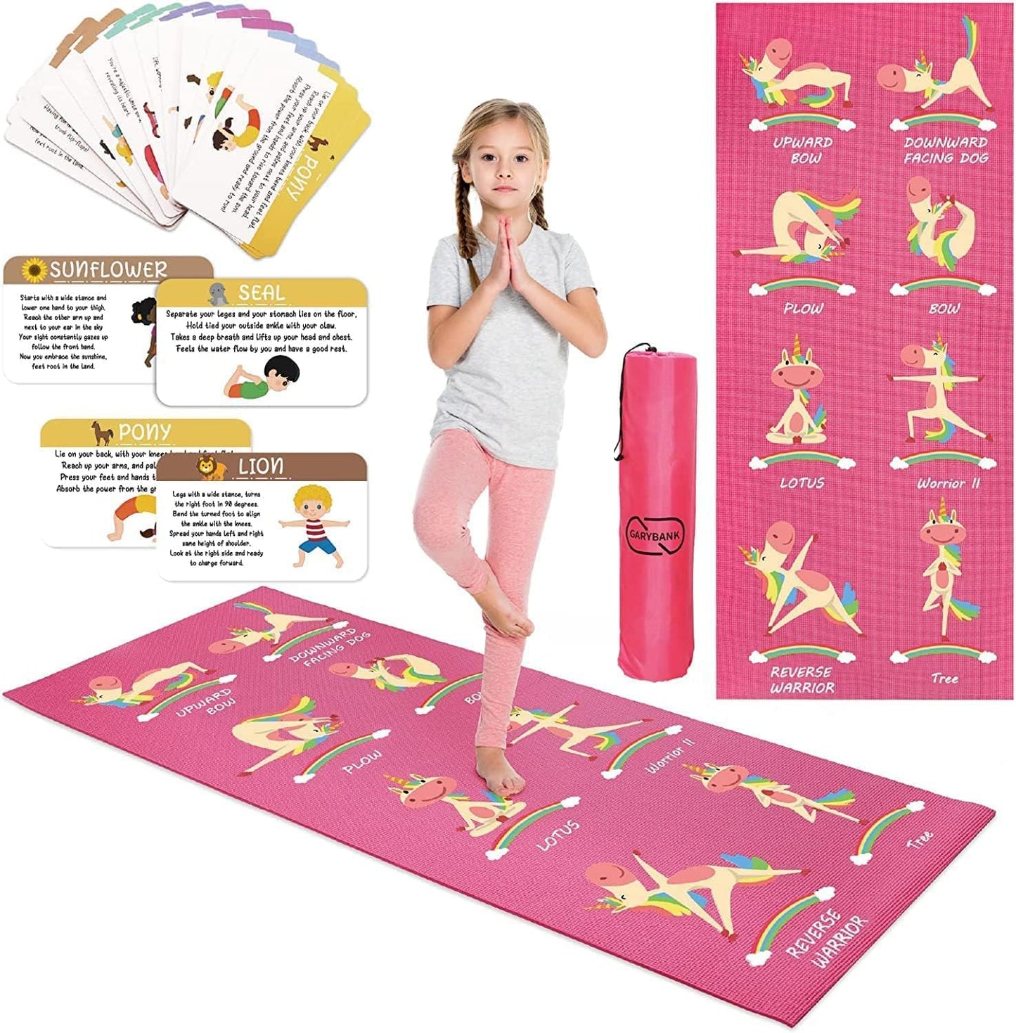 Kids Yoga Mat Set - Non-slip Exercise Mats with Fun Prints - 12 Yoga Cards - Carrier Bag - Odor Free Non-Toxic, Cute Yoga Mat for Girls & Boys (60 X 24 X 0.2 Inch)