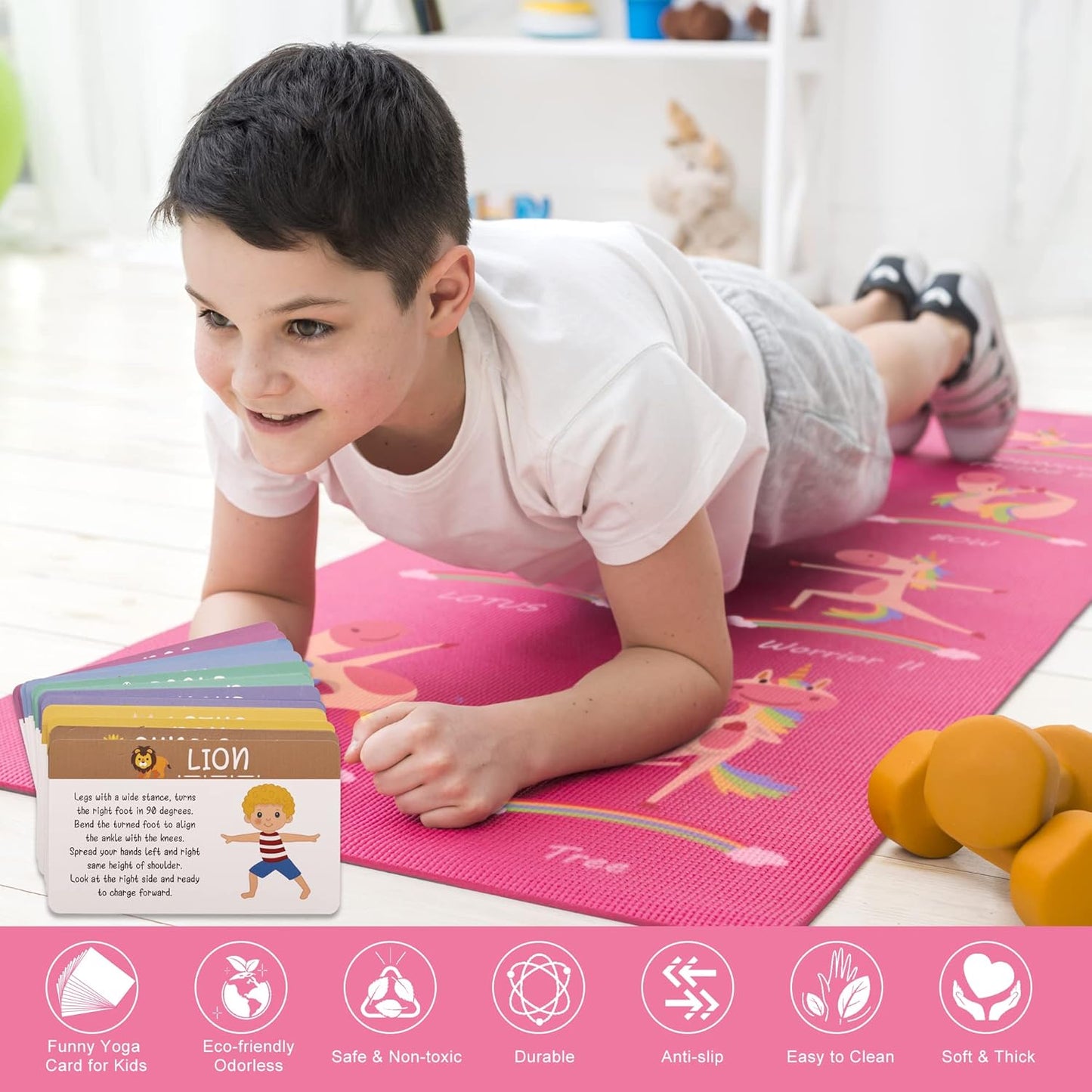 Kids Yoga Mat Set - Non-slip Exercise Mats with Fun Prints - 12 Yoga Cards - Carrier Bag - Odor Free Non-Toxic, Cute Yoga Mat for Girls & Boys (60 X 24 X 0.2 Inch)