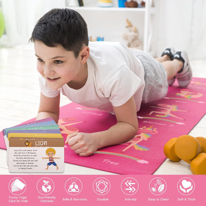 Kids Yoga Mat Set - Non-slip Exercise Mats with Fun Prints - 12 Yoga Cards - Carrier Bag - Odor Free Non-Toxic, Cute Yoga Mat for Girls & Boys (60 X 24 X 0.2 Inch)