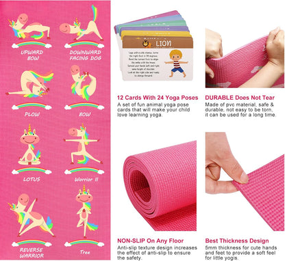 Kids Yoga Mat Set - Non-slip Exercise Mats with Fun Prints - 12 Yoga Cards - Carrier Bag - Odor Free Non-Toxic, Cute Yoga Mat for Girls & Boys (60 X 24 X 0.2 Inch)