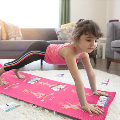 Kids Yoga Mat Set - Non-slip Exercise Mats with Fun Prints - 12 Yoga Cards - Carrier Bag - Odor Free Non-Toxic, Cute Yoga Mat for Girls & Boys (60 X 24 X 0.2 Inch)