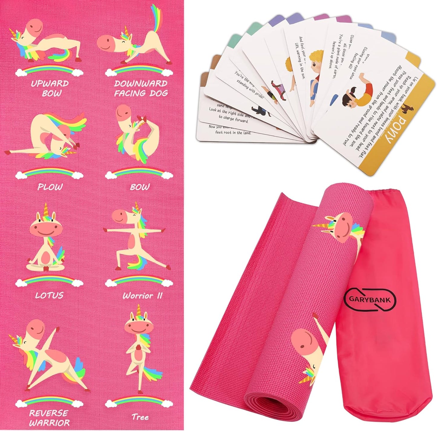 Kids Yoga Mat Set - Non-slip Exercise Mats with Fun Prints - 12 Yoga Cards - Carrier Bag - Odor Free Non-Toxic, Cute Yoga Mat for Girls & Boys (60 X 24 X 0.2 Inch)