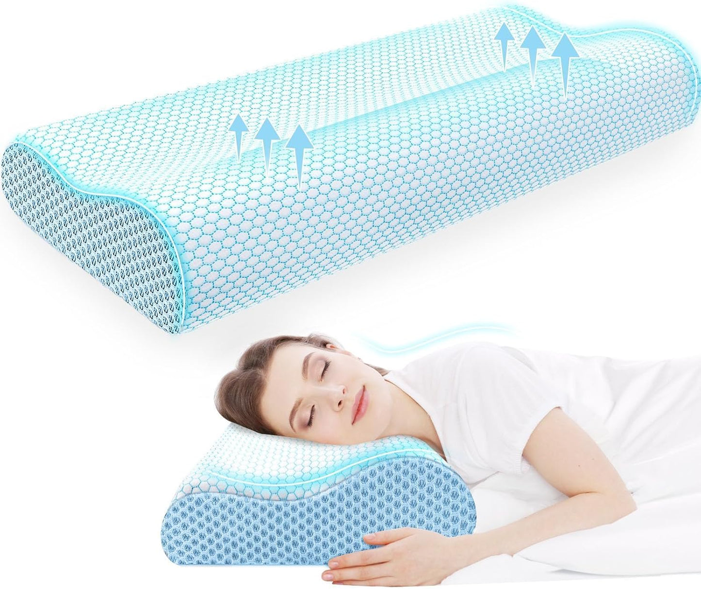 Neck Pillow for Sleeping, Ergonomic Cervical Bed Pillow, Blue Standard Size
