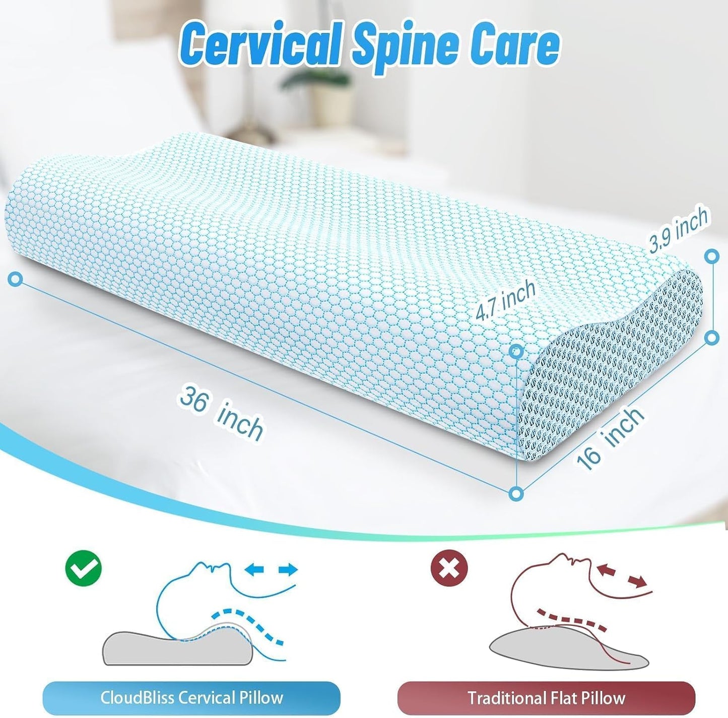 Neck Pillow for Sleeping, Ergonomic Cervical Bed Pillow, Blue Standard Size