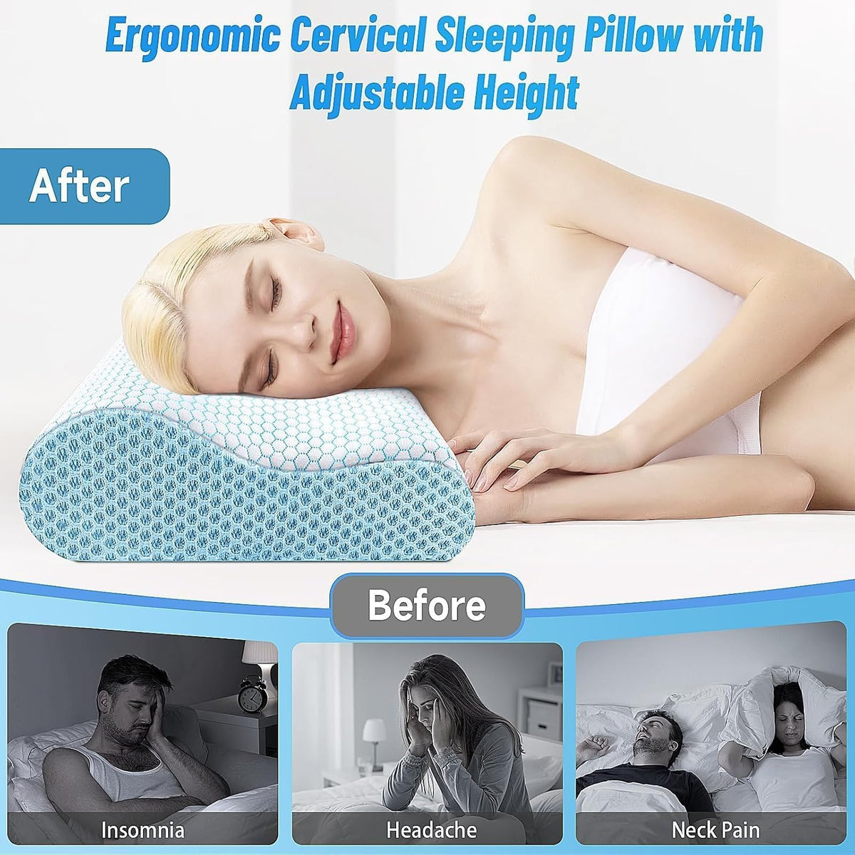 Neck Pillow for Sleeping, Ergonomic Cervical Bed Pillow, Blue Standard Size