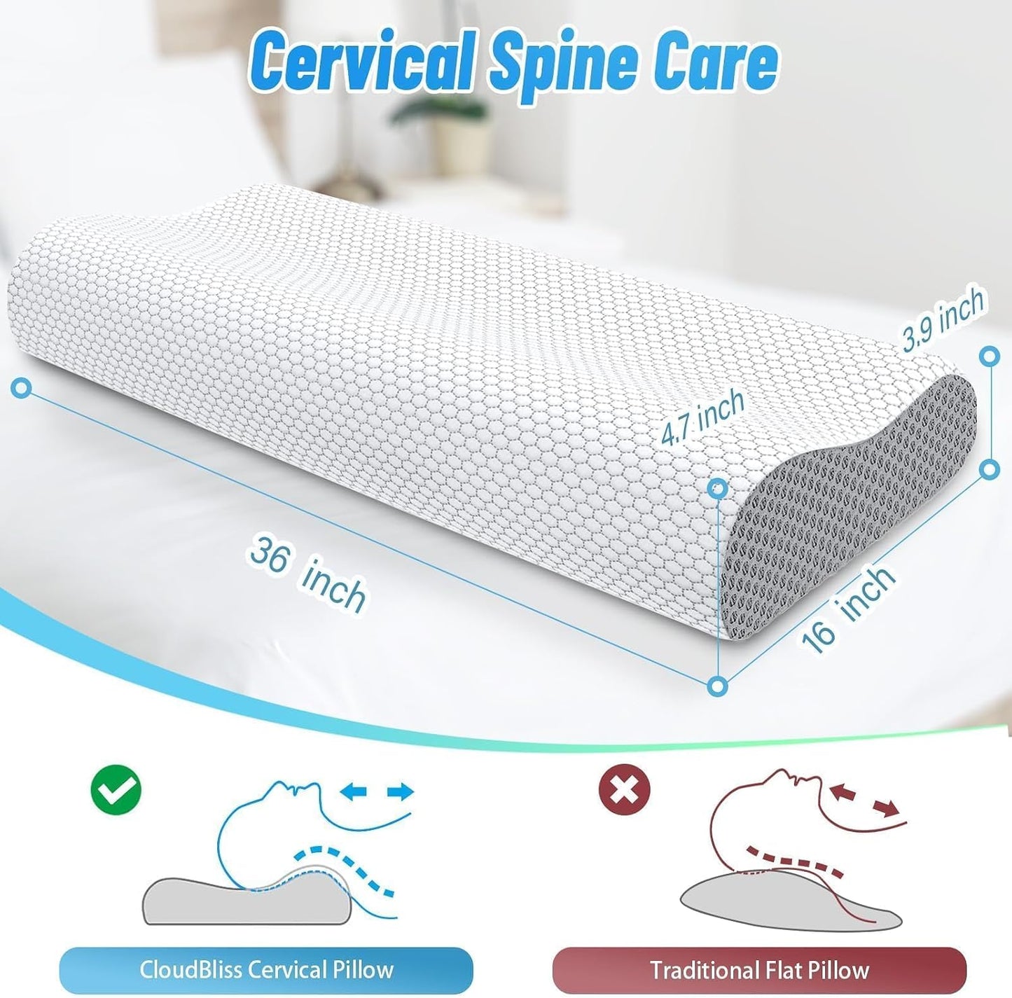 Neck Pillow for Sleeping, Ergonomic Cervical Bed Pillow, Blue Standard Size