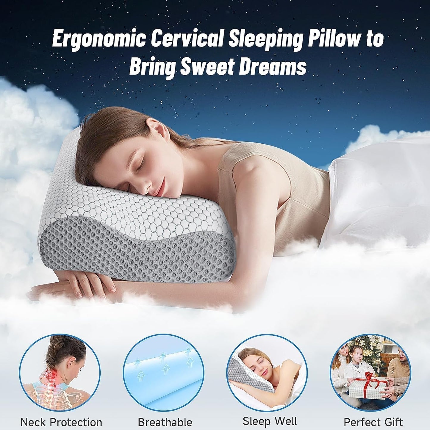 Neck Pillow for Sleeping, Ergonomic Cervical Bed Pillow, Blue Standard Size