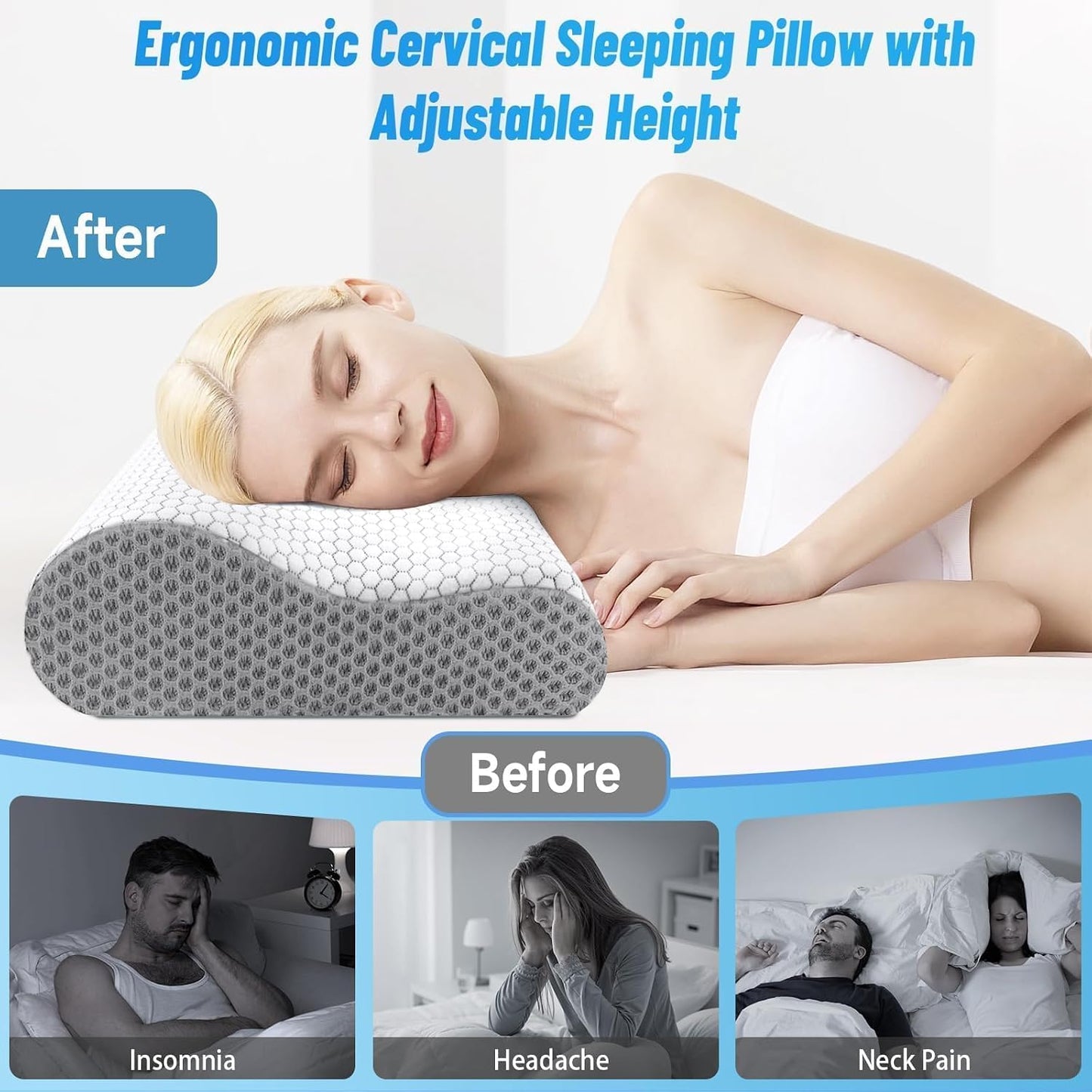 Neck Pillow for Sleeping, Ergonomic Cervical Bed Pillow, Blue Standard Size