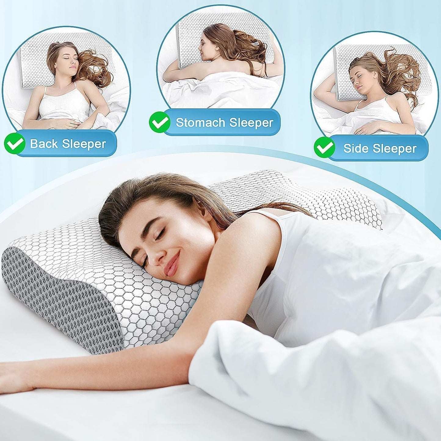 Neck Pillow for Sleeping, Ergonomic Cervical Bed Pillow, Blue Standard Size