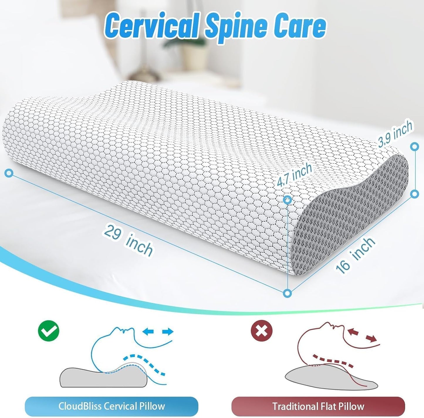 Neck Pillow for Sleeping, Ergonomic Cervical Bed Pillow, Blue Standard Size