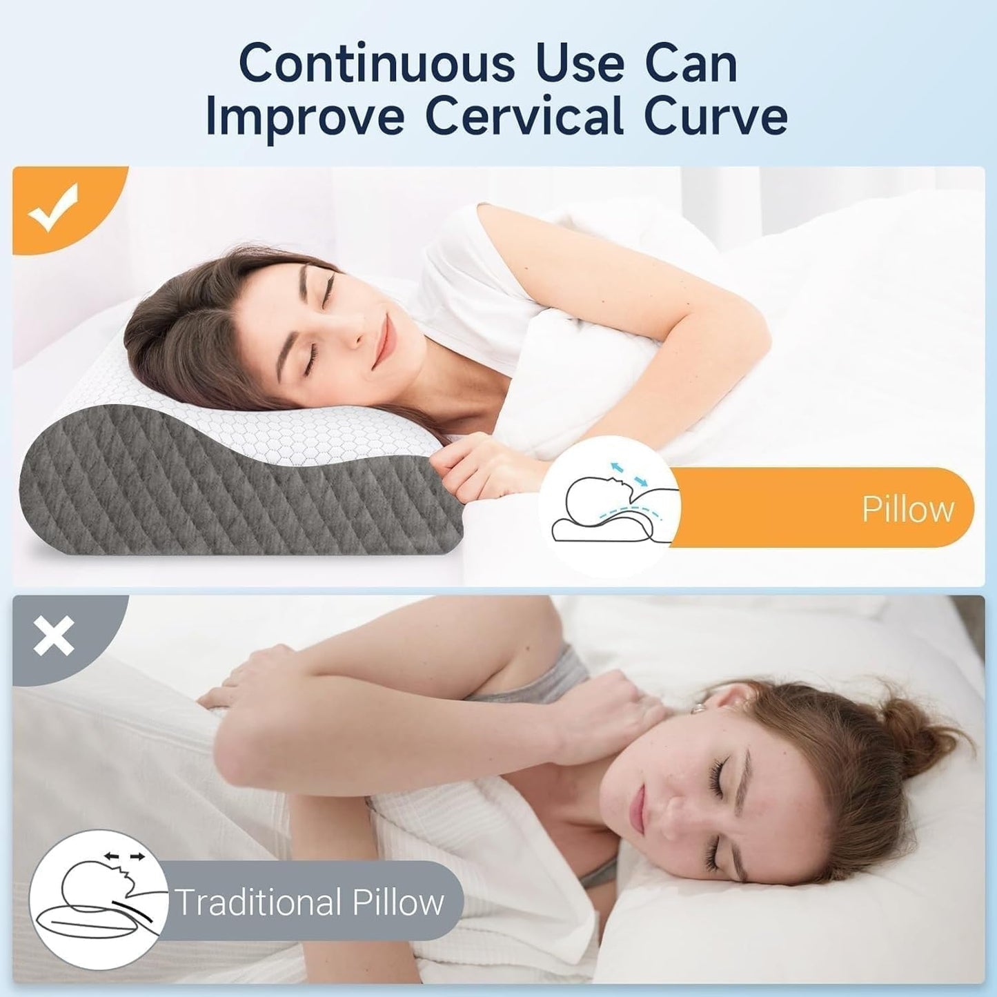 Neck Pillow for Sleeping, Ergonomic Cervical Bed Pillow, Blue Standard Size