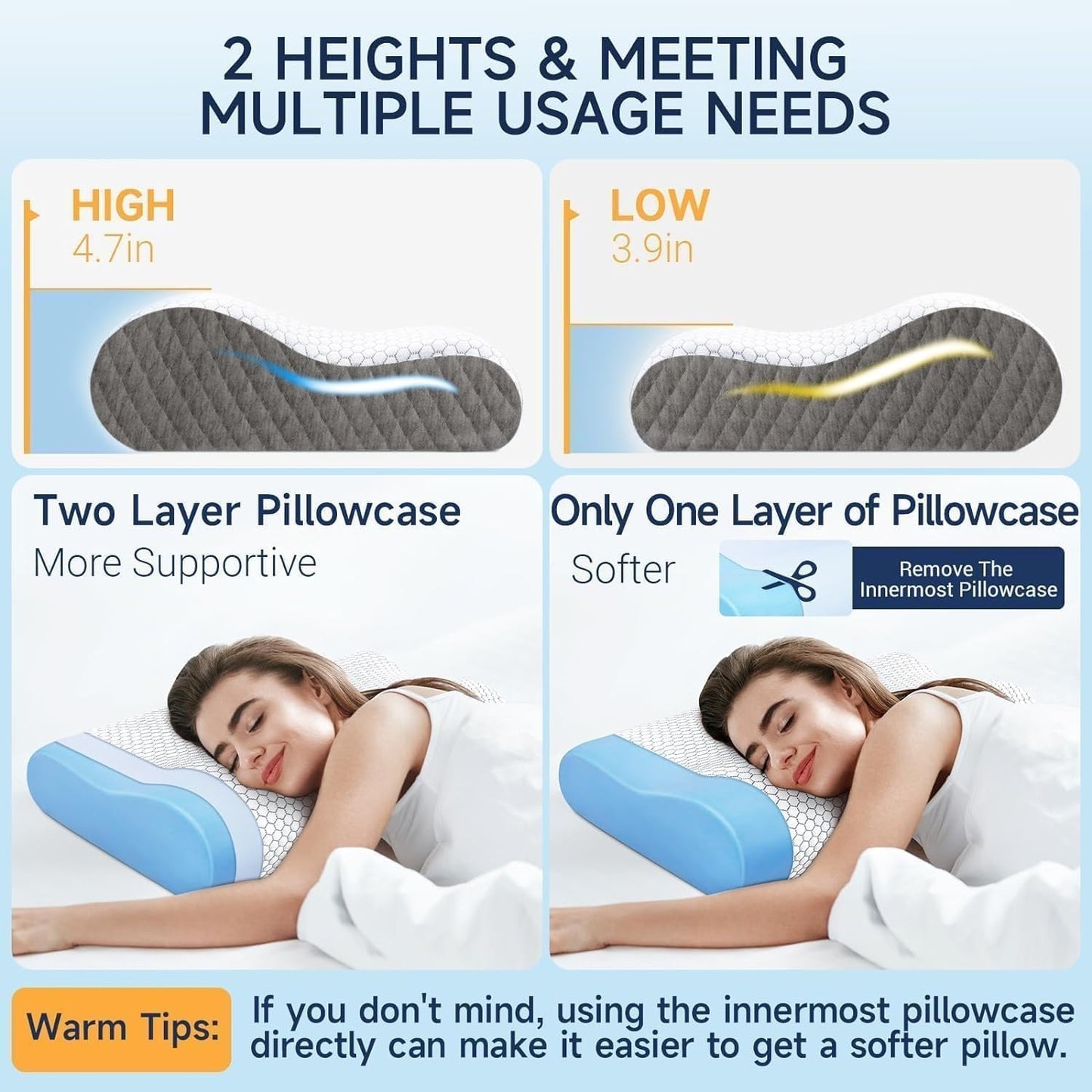 Neck Pillow for Sleeping, Ergonomic Cervical Bed Pillow, Blue Standard Size