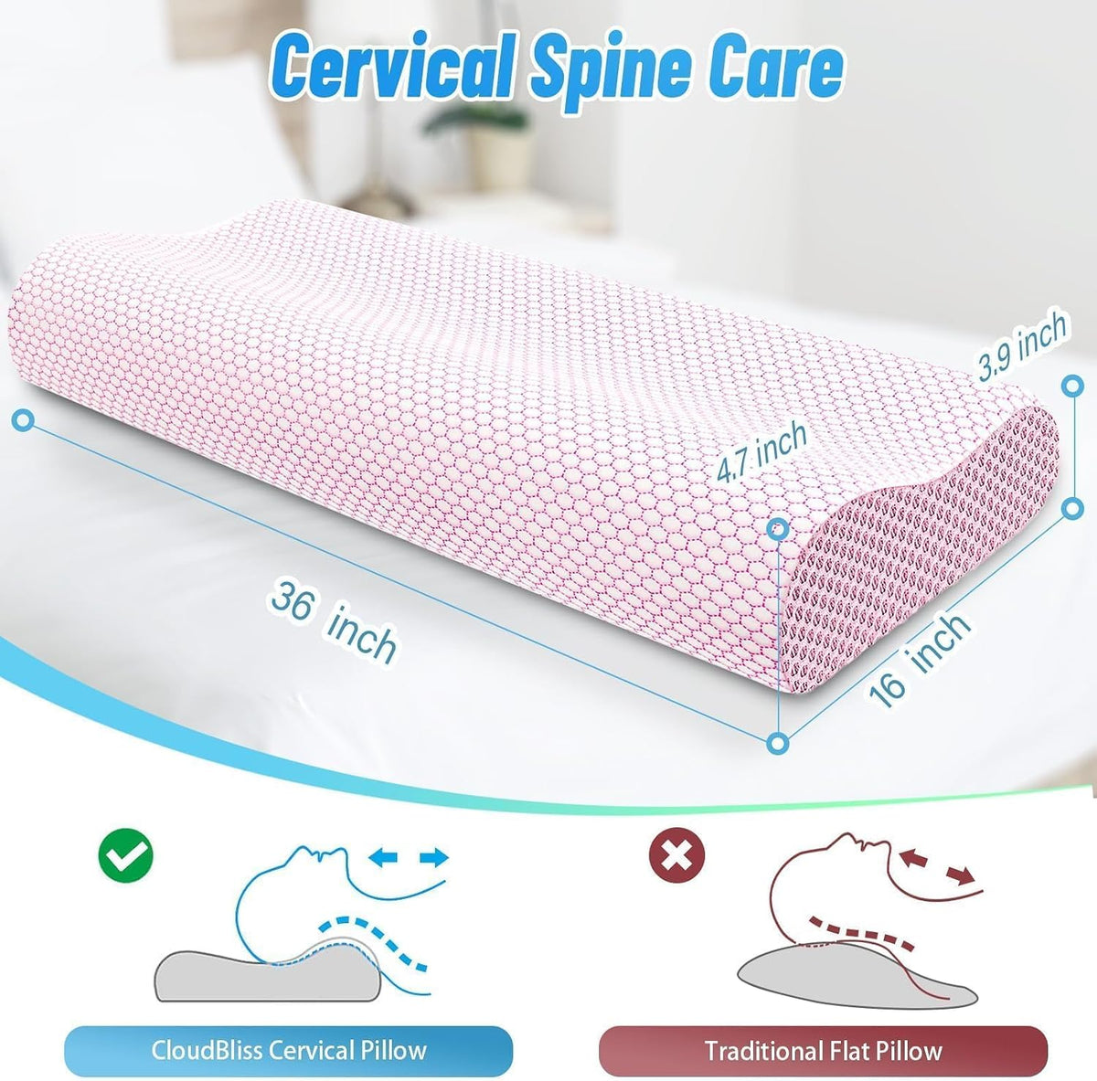 Neck Pillow for Sleeping, Ergonomic Cervical Bed Pillow, Blue Standard Size